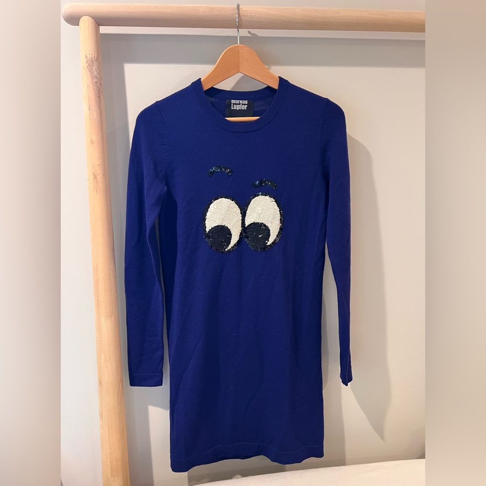 Markus Lupfer rare navy Pop Eyes sequined merino wool sweater dress sz small s